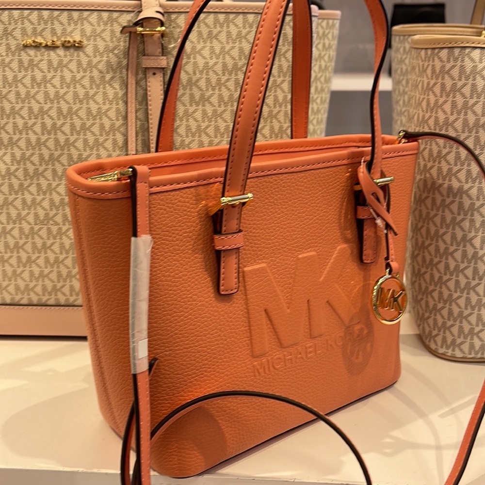 Michael Kors Jet Set Travel XS Embossed Pebbled Leather Tote Bag Sherbert - Picture 10 of 16